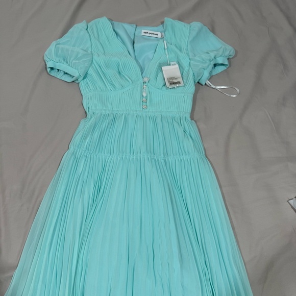 SelfPortrait Blue Pleated Chiffon Midi Dress Diamante Button Size S - Picture 1 of 9